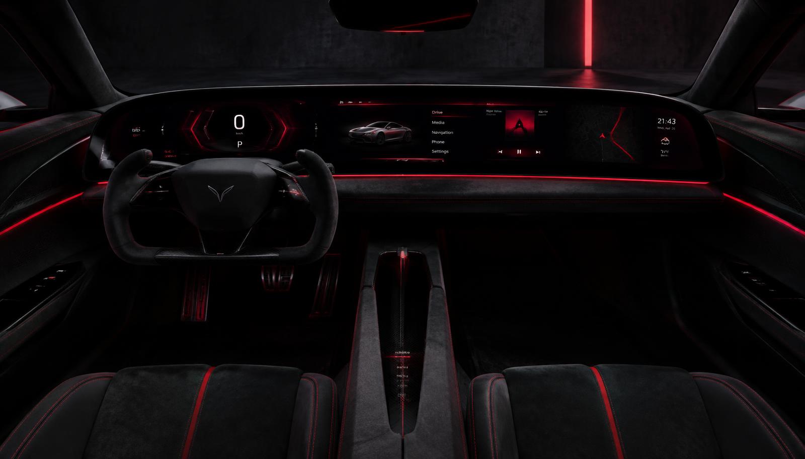 Futuristic electric car interior with a curved display and red ambient lighting